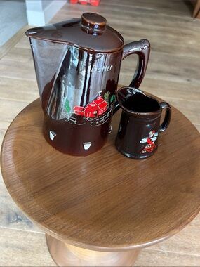 Vintage Redware Brown Ceramic Pitcher and Syrup/Butter Set with Red Barn Accent